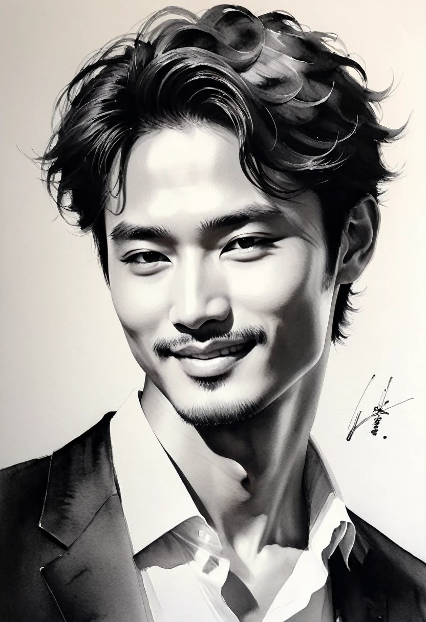 Elegant man,Black and White水墨画,Pen sketch,Gentle brush strokes,Draw delicate lines with a pen,Fluid Action,Subtle ink shades,Graceful posture,Peaceful look,Delicate facial features,Black and White,clean、Amenomina Kanushi、A seductive smile,