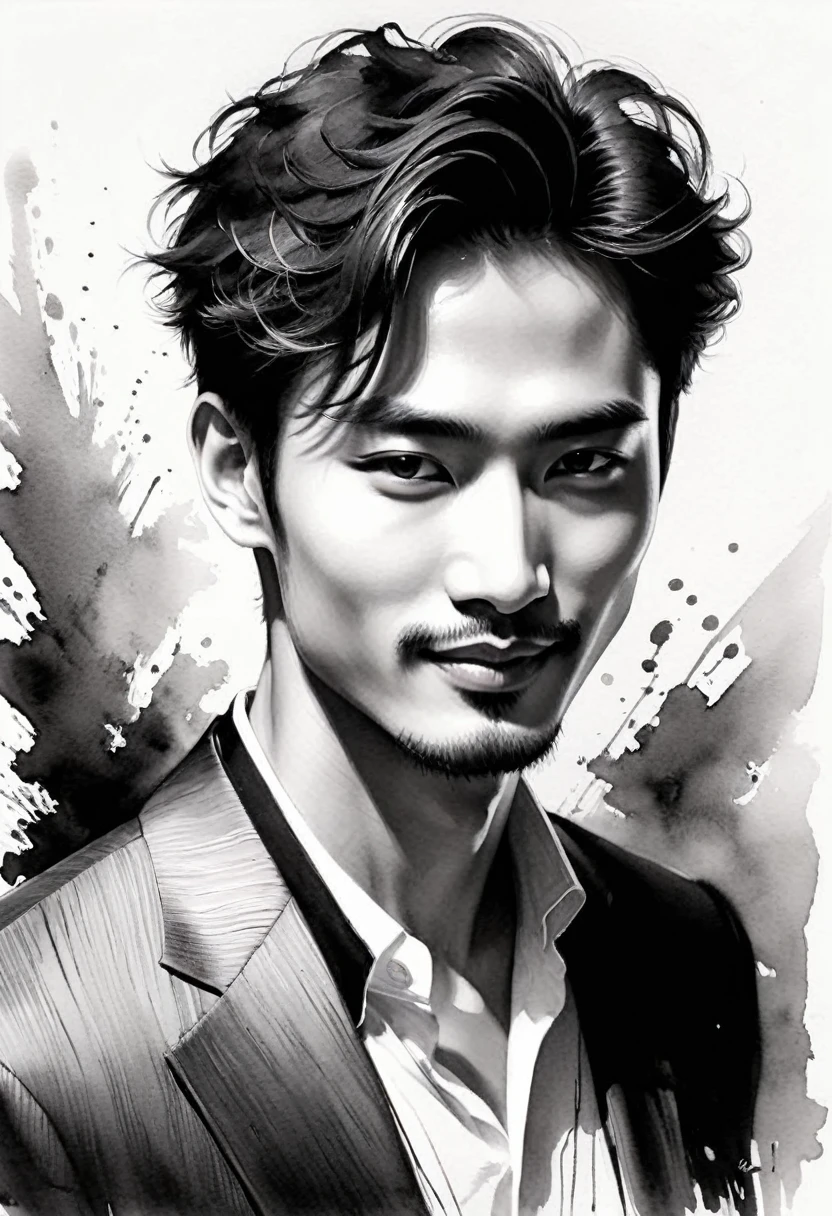 Elegant man，Black and White水墨画，Pen sketch，Gentle brush strokes，Draw delicate lines with a pen，Fluid Action，Subtle ink shades，Graceful posture，Peaceful look，Delicate facial features，Black and White，clean、Amenomina Kanushi、A seductive smile, 
