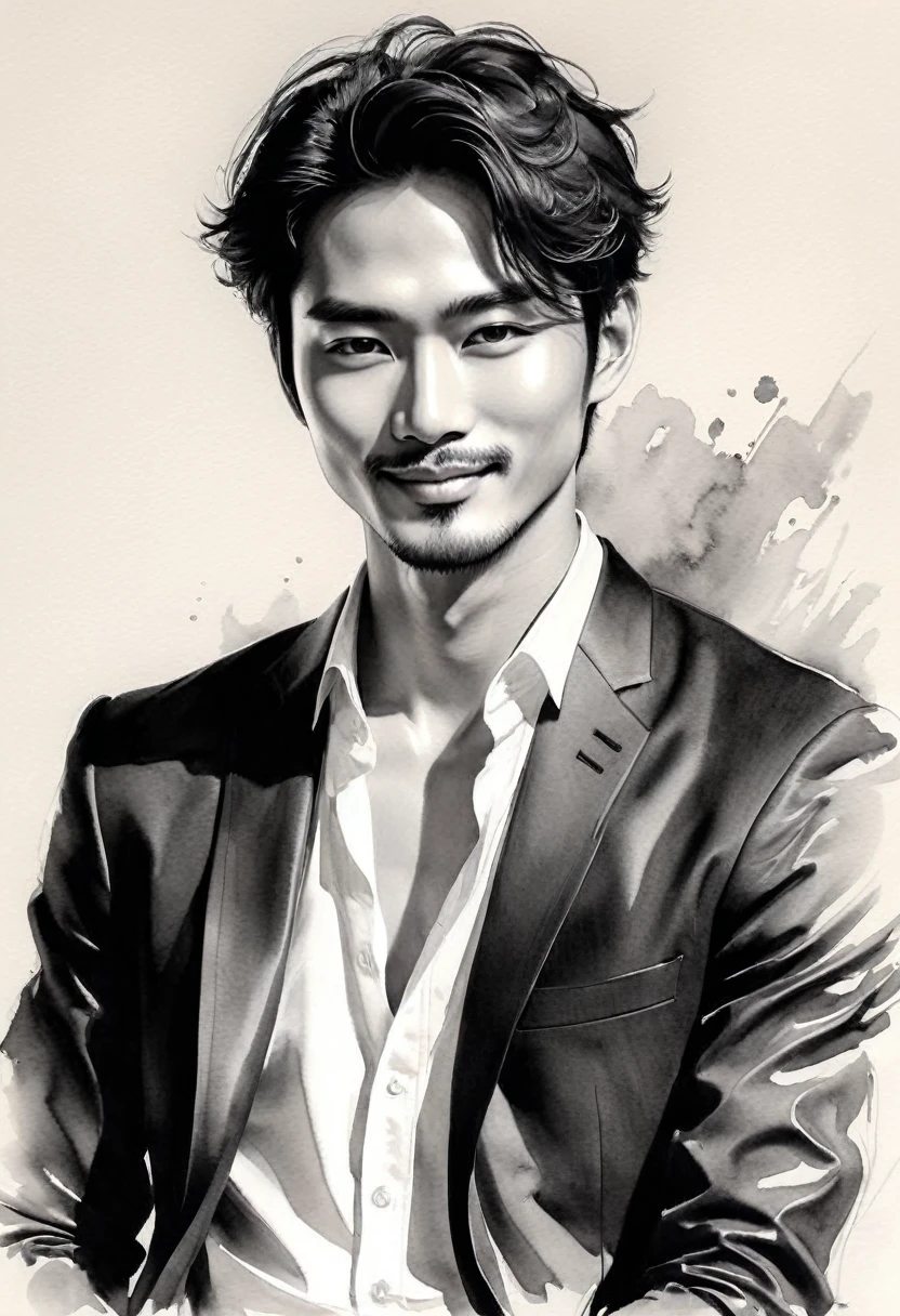 Elegant man，Black and White水墨画，Pen sketch，Gentle brush strokes，Draw delicate lines with a pen，Fluid Action，Subtle ink shades，Graceful posture，Peaceful look，Delicate facial features，Black and White，clean、Amenomina Kanushi、A seductive smile, 