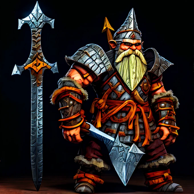 A barbarian gnome with a gigantic greatsword, two handed sword, Furious gnome, great sword, battle position, gnome carrying sword