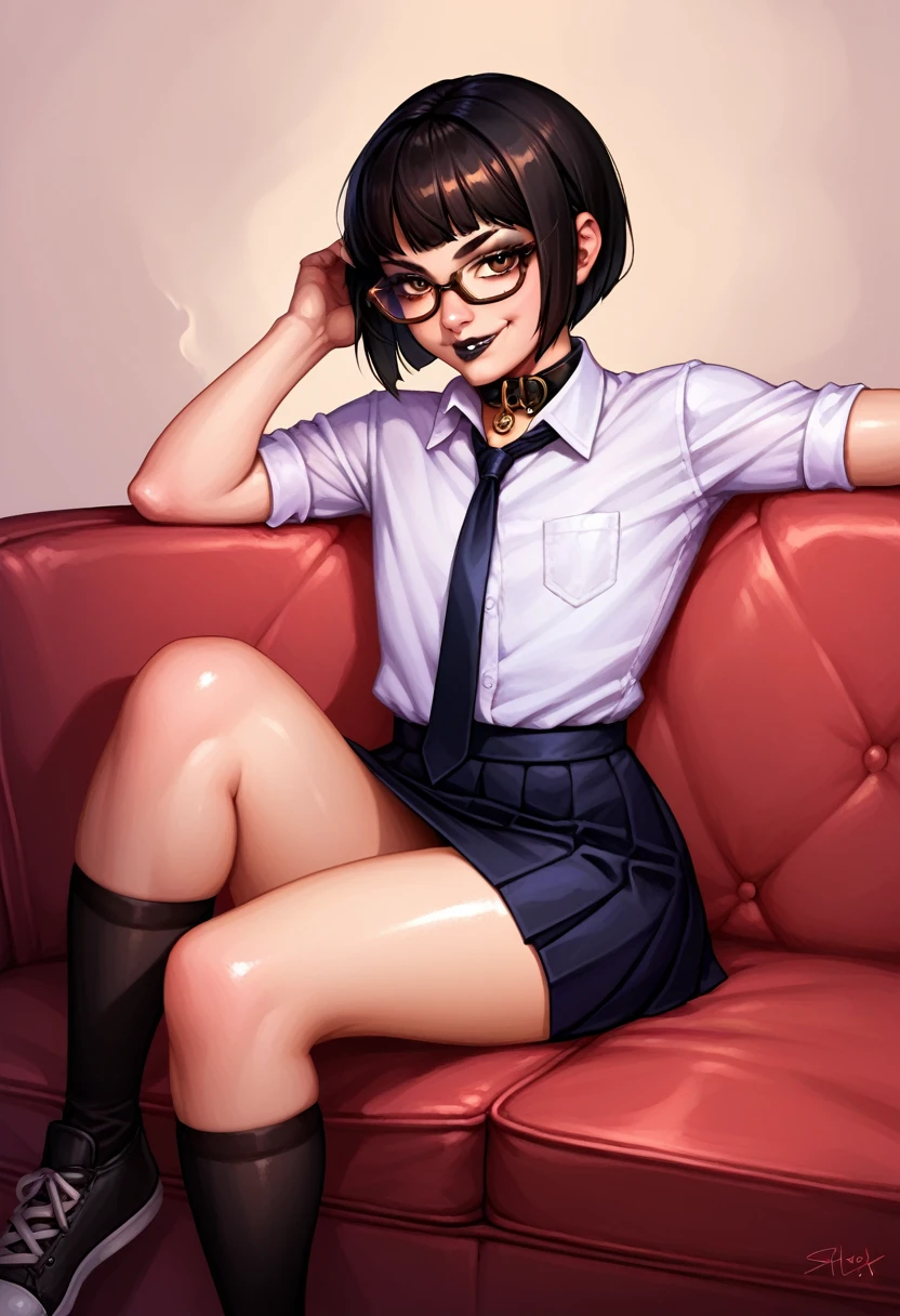 1girl, woman, emo_hairstyle, black lipstick, dog collar, eyeliner, eye shadow, smoky eyes,black hair, , bob style hair cut, brown eyes, gold glasses, realistic lighting, school, shirt , necktie, skirt, black tighhighs, short hair, flat chest, shiny skin, smug, smirk., siting on couch legs open