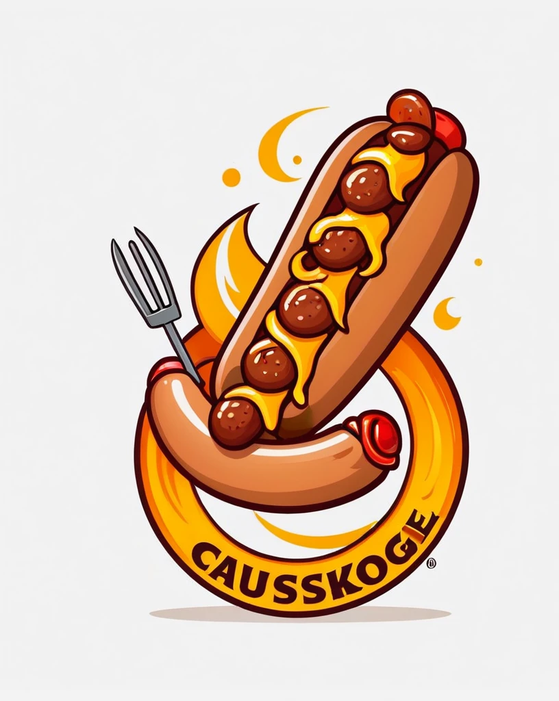 Create logo a sausage with beer and grill, barbecue, with some sausages on the fire, hot dog, cartoon illustration, hd illustration, chorizo sausage, sausage hair, beer, white background