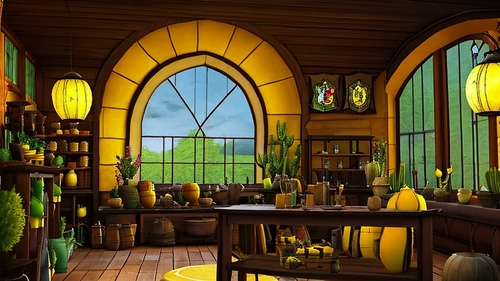 Hufflepuff Common Room,Fantasy,yellow,Fantasy,Cozy rooms,Barrels are stacked,Low ceiling,Round window,Bright atmosphere,Potted cacti,Vines growing from the window,flower,plant,Wooden desk,yellowの柔らかいソファ,Hogwarts,Harry potter