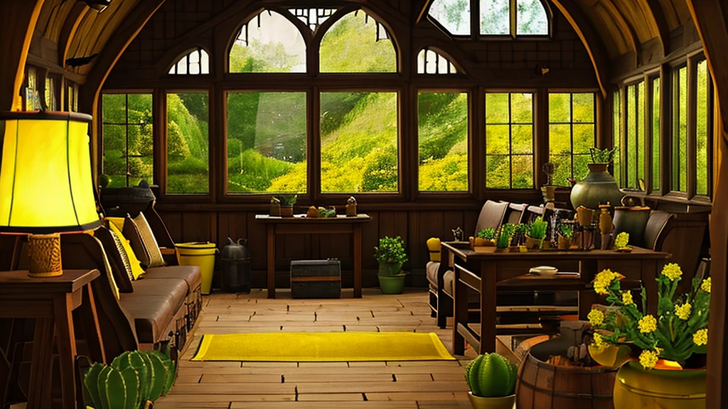 Hufflepuff Common Room,Fantasy,yellow,Fantasy,Cozy rooms,Barrels are stacked,Low ceiling,Round window,Bright atmosphere,Potted cacti,Vines growing from the window,flower,plant,Wooden desk,yellowの柔らかいソファ,Hogwarts,Harry potter