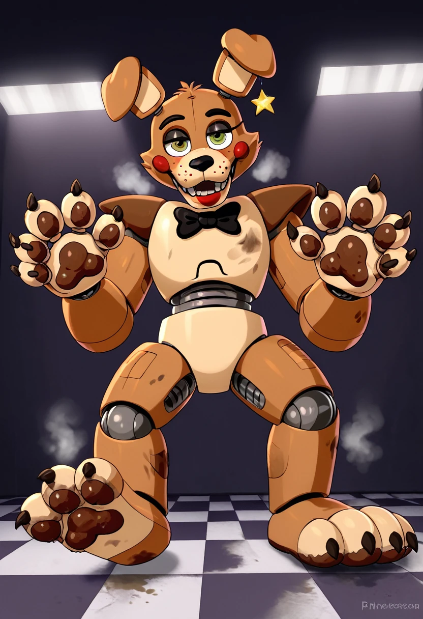 Freddy Frazbear from fnaf, animatronic, robot, paws, pawpads, brown paws claws, 4 claws, dirty paws, dirty pawpads, stinky paws. Dark room background. Masterpiece, UHD