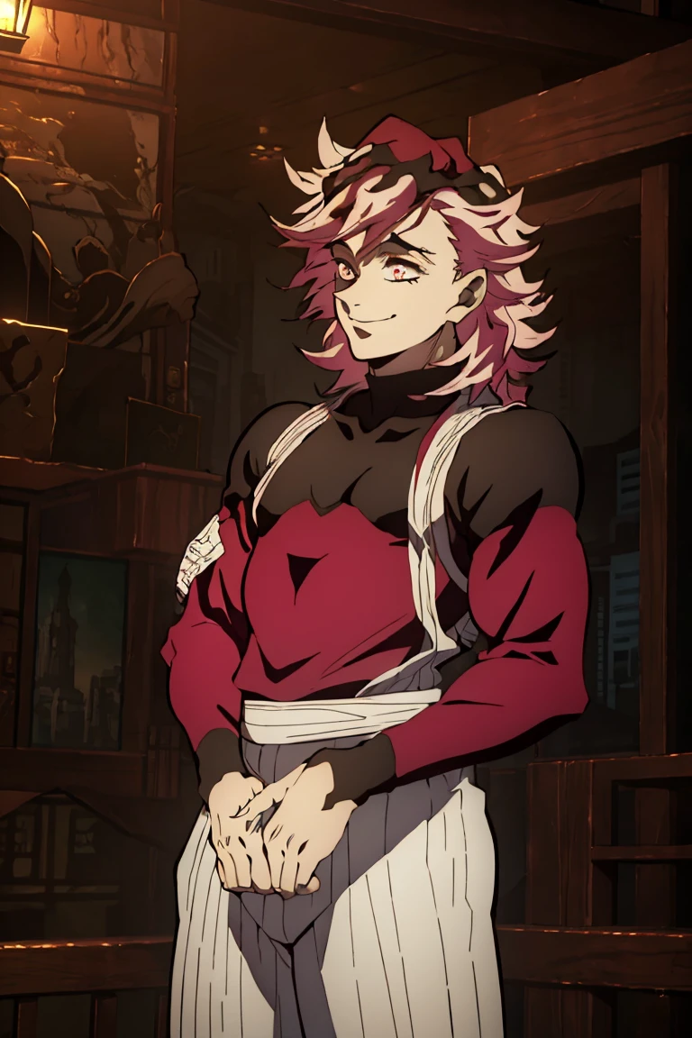 (best quality,4k,8k,highres,masterpiece:1.2),ultra-detailed,(realistic,photorealistic,photo-realistic:1.37),curly haired man,Douma,compression wear,colorful art,Demon Slayer boy,intricate details,dynamic pose,vibrant colors,cinematic lighting,moody atmosphere,dramatic shadows,fantasy inspired,digital painting,highly detailed, pink Dark Hair, smile, roupa escura 