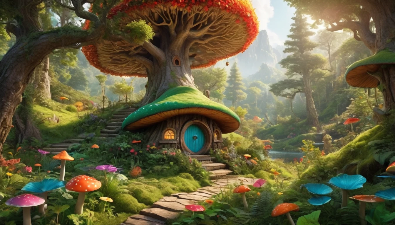 (Mysterious fantasy forest, dense trees, a cute and strange little tree:1.5), A hobbit cabin vividly depicted (best quality, 8K, advanced resolution, masterpiece:1.2) with ultra-detailed realism (1.4x realism, photorealistic: 1.37). This fantasy forest, surrounded by lush greenery and colorful flowers, is bathed in warm sunlight, creating a cheerful and whimsical atmosphere. The cabin, resembling a mushroom-shaped house, features intricate design and unique architecture. The artwork showcases an illustrative style inspired by children's book illustrations, with a vibrant rainbow color palette evoking joy and playfulness. Soft, warm lighting adds depth and warmth, making every detail impeccably presented. This visually stunning masterpiece captures the essence of a magical fantasy forest deep in the heart of a dense woodland.
