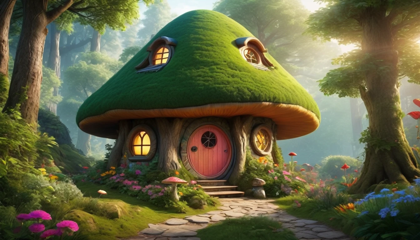 (Mysterious fantasy forest, dense trees, a cute and strange little tree:1.5), A hobbit cabin vividly depicted (best quality, 8K, advanced resolution, masterpiece:1.2) with ultra-detailed realism (1.4x realism, photorealistic: 1.37). This fantasy forest, surrounded by lush greenery and colorful flowers, is bathed in warm sunlight, creating a cheerful and whimsical atmosphere. The cabin, resembling a mushroom-shaped house, features intricate design and unique architecture. The artwork showcases an illustrative style inspired by children's book illustrations, with a vibrant rainbow color palette evoking joy and playfulness. Soft, warm lighting adds depth and warmth, making every detail impeccably presented. This visually stunning masterpiece captures the essence of a magical fantasy forest deep in the heart of a dense woodland.