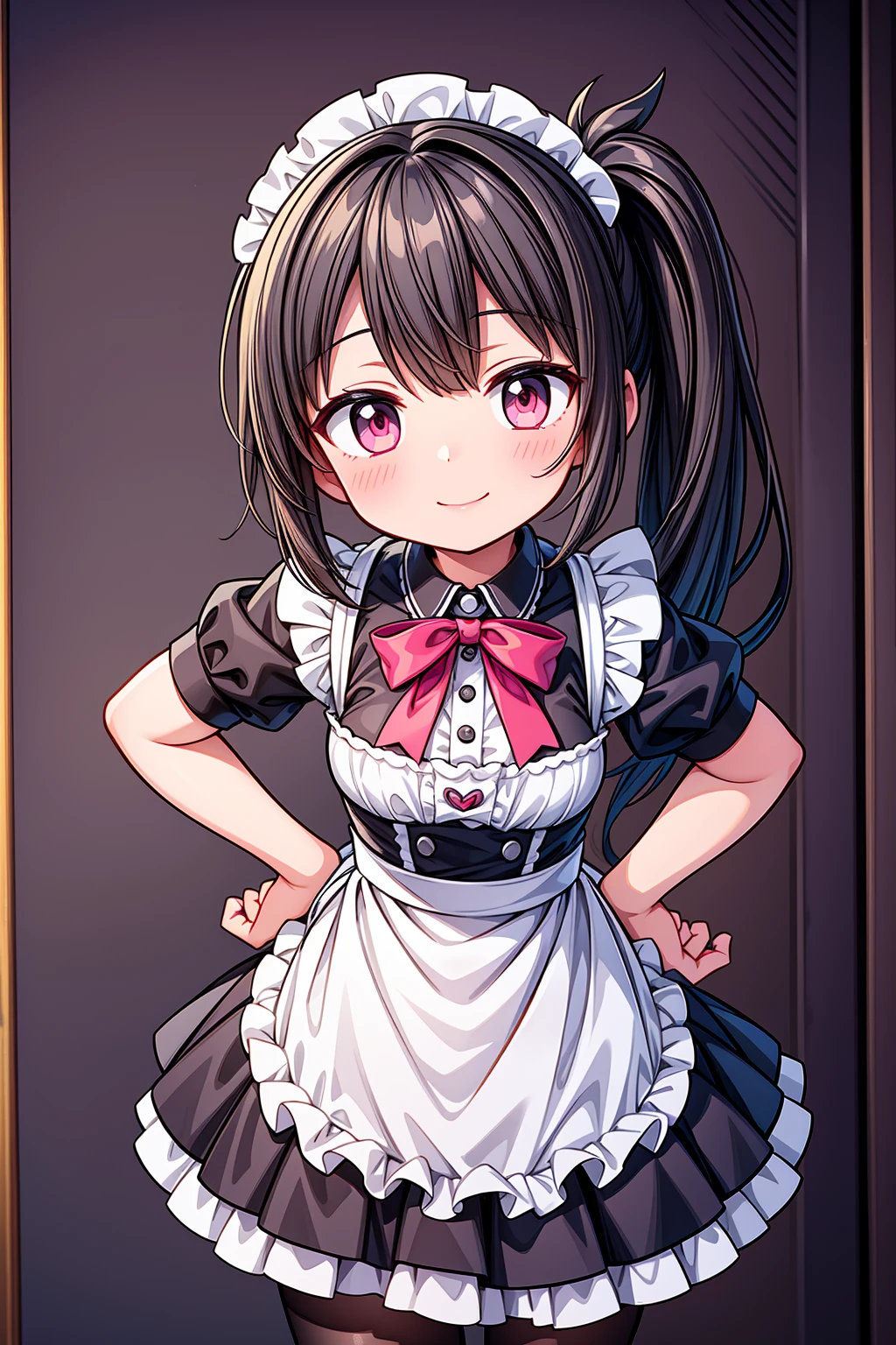 (Highest image quality), (highest quality), (masterpiece), (dynamic lighting), (photo realism), a  anime girl with short black hair and a one side ponytail hairstyle, wearing a maid uniform with an apron, pink eyes, very small bust, and a little curve. She is standing in a kitchen background, smiling and winking, with hands on her hips. The viewer's perspective is from below, capturing her detailed face and very blushing expression. Include detailed hands and fingers, and ensure a more detailed overall appearance. Use EasyNegativeV2.