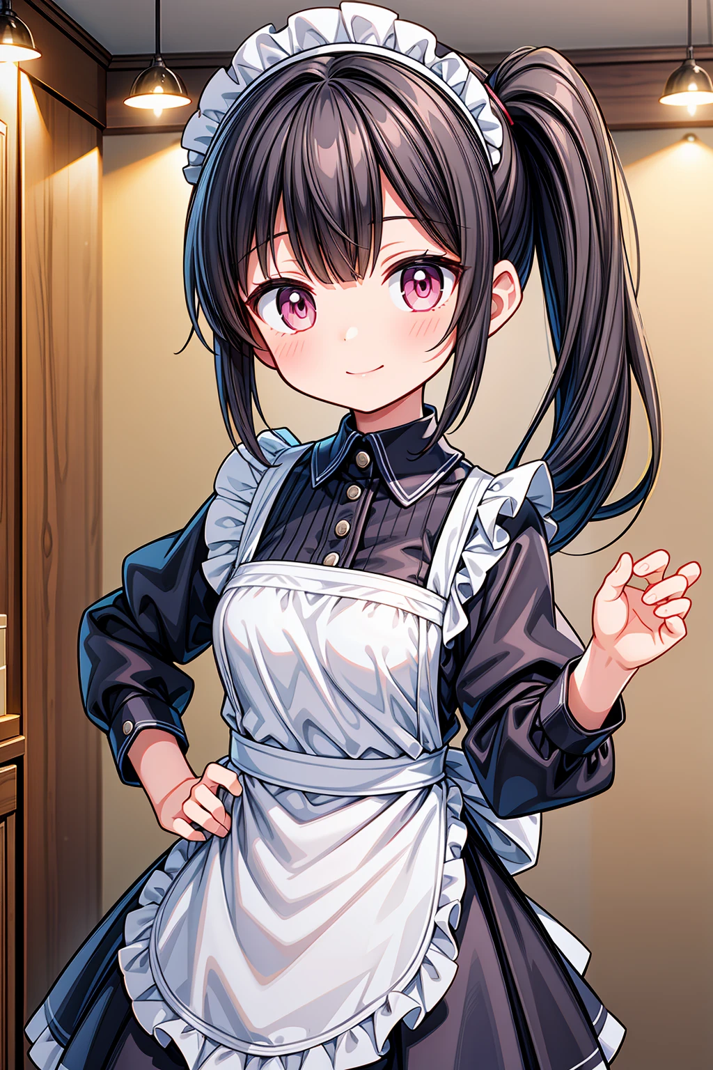 (Highest image quality), (highest quality), (masterpiece), (dynamic lighting), (photo realism), a anime girl with short black hair and a one side ponytail hairstyle, wearing a maid uniform with an apron, pink eyes, very small bust, and a little curve. She is standing in a kitchen background, smiling and winking, with hands on her hips. The viewer's perspective is from below, capturing her detailed face and very blushing expression. Include detailed hands and fingers, and ensure a more detailed overall appearance. Use EasyNegativeV2.