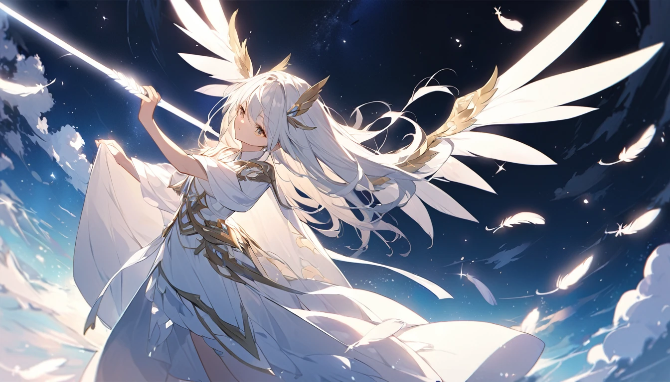 mysterious。White Hair Girl。詳細なbackground:Heavenly Guardian:
background:Above the sea of cloudysteriousな光が差し込む空。
White Hair Girl:White robe and winged gear、He has a glowing stick in his hand。
effect:杖から放たれる光のeffect、Feathers and light particles dancing around the girl。