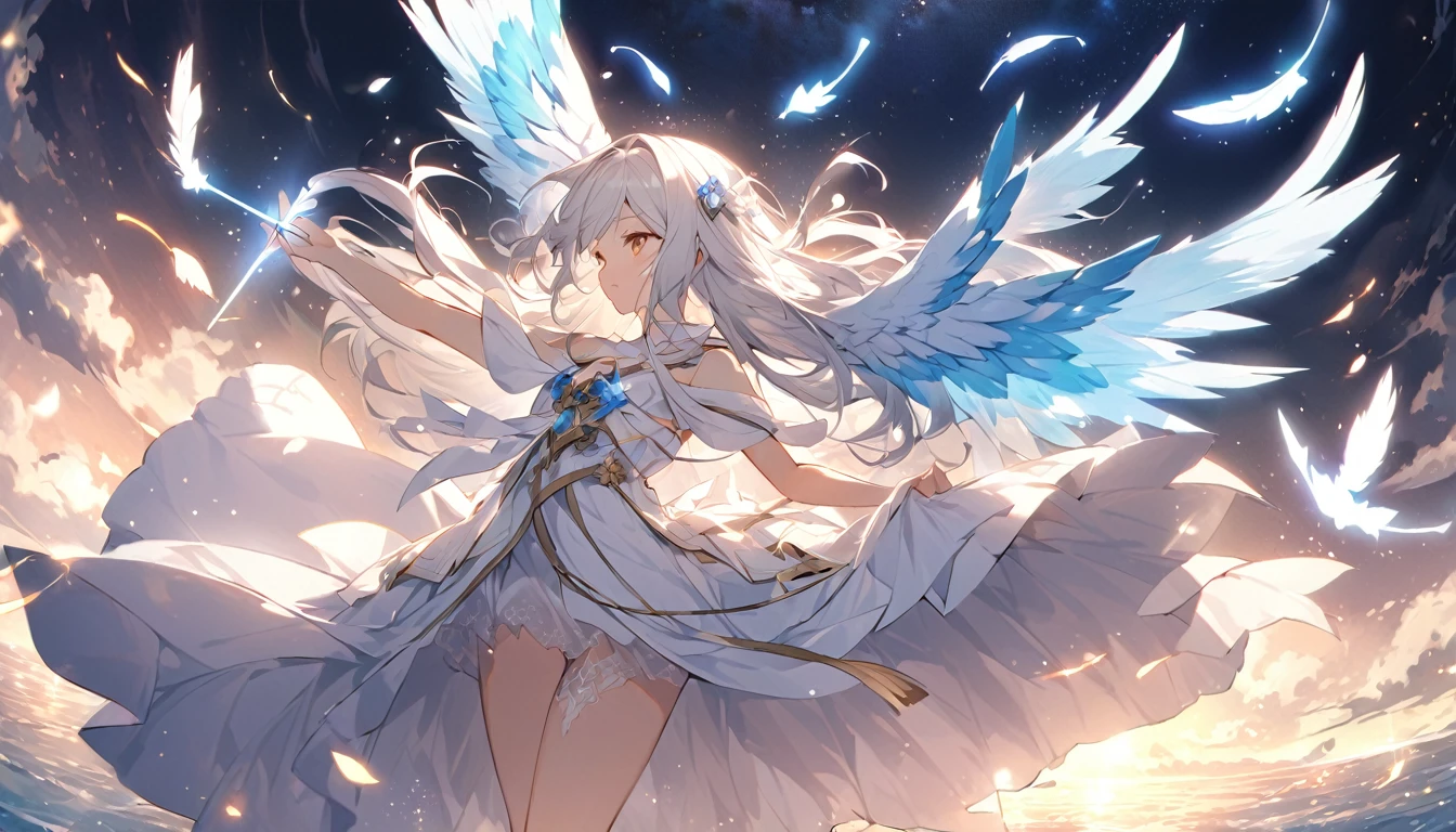 mysterious。White Hair Girl。詳細なbackground:Heavenly Guardian:
background:Above the sea of cloudysteriousな光が差し込む空。
White Hair Girl:White robe and winged gear、He has a glowing stick in his hand。
effect:杖から放たれる光のeffect、Feathers and light particles dancing around the girl。