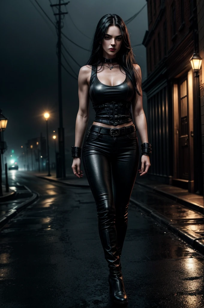 Full body shot a beautiful 25 years old British female vampire, long black hair, green eyes, red lips, muscular body, tight black sleeveless tank top with a deep neckline and black leather tight pants, mid-thigh black leather boots with bird heels view from front, waist up shot, dynamic pose, dark gloomy foggy night in victorian era london, desolate deserted street scene, epic mood, dark shadows, fog, rain, lightning, background foggy, eerie shadow detailed high resolution digital photo