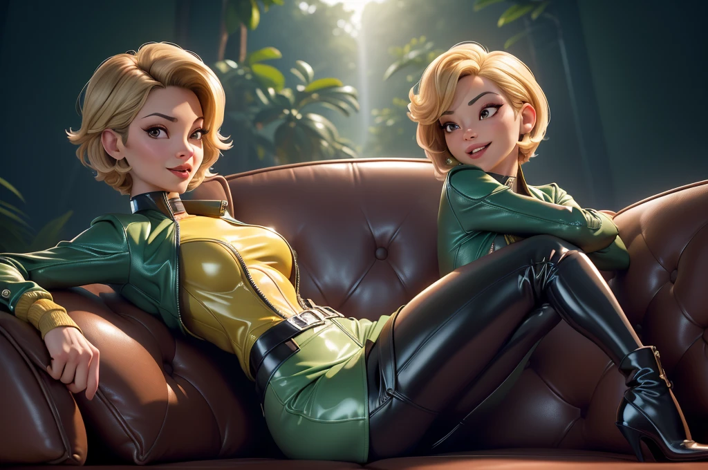 obra prima, melhor qualidade, ((one woman only,)) ((jennifer tilly, short bob hair,)) head back, ((sexy sultry look, open mouth smile, dimples,)) wearing shiny yellow pvc biker jacket, ((jacket is unzipped and wide open, small breasts, nip slip,)) jacket has padded puff shoulders, shiny leather gloves, ((forest green leather micro mini pvc skirt,)) body is skinny, shiny tight buttocks, ((leaning back on couch cushion, mashing breasts, sexy fondling and kissing,)) (camera view of whole body,) looking up at me, shallow depth of field, highres, HD, 8k, anatomically correct