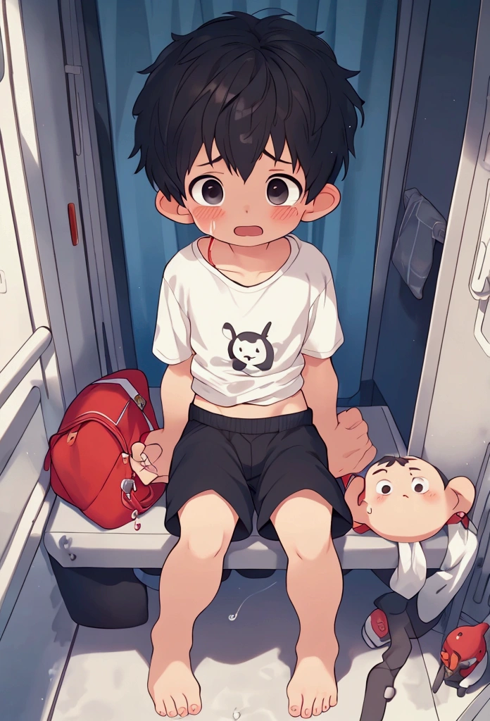 Shota, black hair with white tips. Messy, shoulder-length hair. Pure black eyes. face . Cheeks, red nose and ears. pale skin color. facial expression: Panic eyes. tears. mouth half open. Fleshy and pink lips. arms, legs, body, little ones. CLOTHES: Just a big baggy shirt, not pants, not underwear. . pose: sitting on a lap being held by the hips and trying to remove his hands from his hips. perspective: perspective del chico que le agarra las caderas.