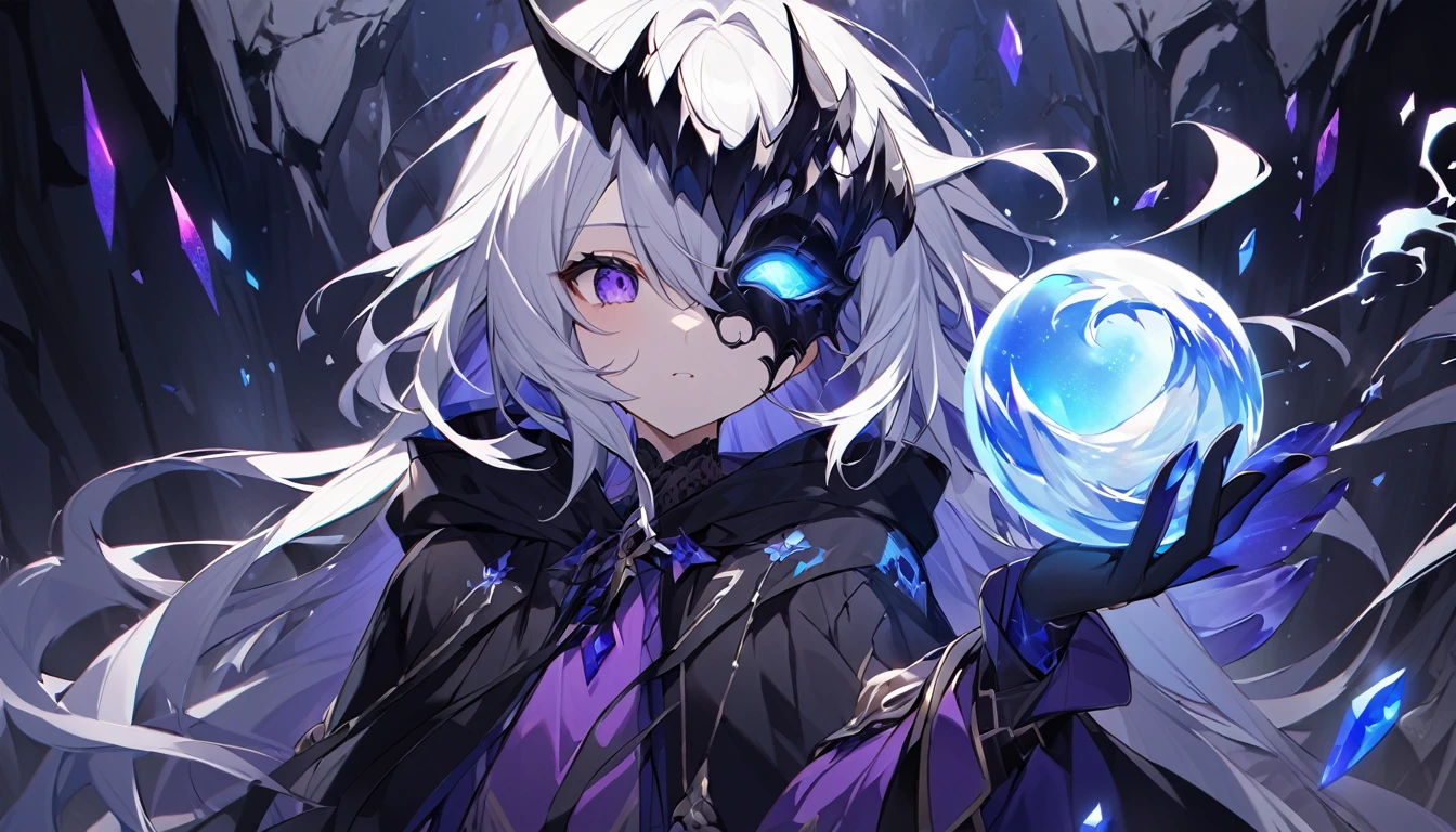 mysterious。White Hair Girl。詳細なbackground：Emissaries of Darkness:

background：Dark Cave、Crystals emitting blue light are scattered here and there。
White Hair Girl：Black and purple outfit、Half mask on face。In his hand he holds an orb of dark energy swirling about.。
effect：オーブから放たれる闇のeffect、Shadow on the cave wall。
