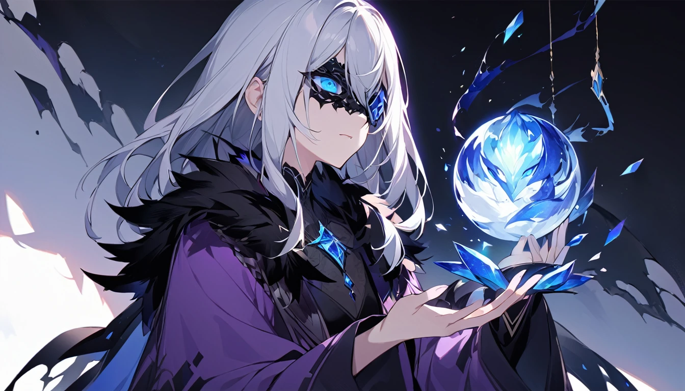 mysterious。White Hair Girl。詳細なbackground:Emissaries of Darkness:
background:Dark Cave、Crystals emitting blue light are scattered here and there。
White Hair Girl:Black and purple outfit、Half mask on face。In his hand he holds an orb of dark energy swirling about.。
effect:オーブから放たれる闇のeffect、Shadow on the cave wall。