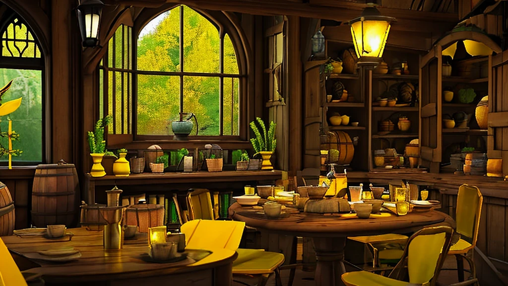 Hufflepuff Common Room,Fantasy,yellow,Fantasy,Cozy rooms,Barrels are stacked,Low ceiling,Round window,Bright atmosphere,Potted cacti,Vines growing from the window,flower,plant,Wooden desk,yellowの柔らかいソファ,Stand Lamp,Hogwarts,Harry potter