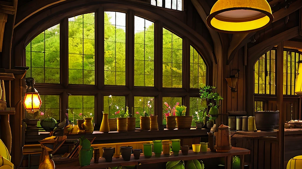 Hufflepuff Common Room,Fantasy,yellow,Fantasy,Cozy rooms,Barrels are stacked,Low ceiling,Round window,Bright atmosphere,Potted cacti,Vines growing from the window,flower,plant,Wooden desk,yellowの柔らかいソファ,Stand Lamp,Hogwarts,Harry potter