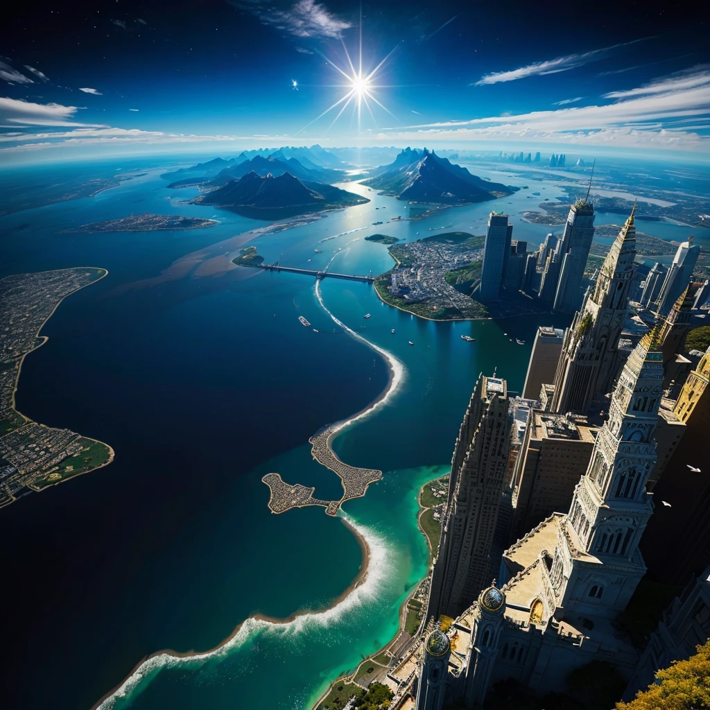mysteriousな超巨大なトンネルの中に森がある，Different world，The sunlight from the sun shines on the earth，Skyscrapers，no gravity，Multidimensional，High Dimension，Colorful，Best Quality，8k，mysterious，Fantasy，Different space，Gravity is reversed，Nature，romantic，A world beyond imagination，Dream world，Huge river，masterpiece，最高masterpiece，perfection，