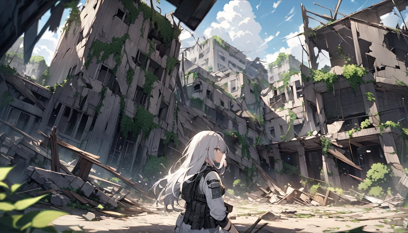 mysterious。White Hair Girl。詳細なbackground：Ruined City:

background：Ruined City、Collapsed building and ivy-covered ruins。
White Hair Girl：Combat uniform and bulletproof vest、He has a large firearm in his hand。
effect：火器から放たれる火のeffect、backgroundに広がる炎と煙。