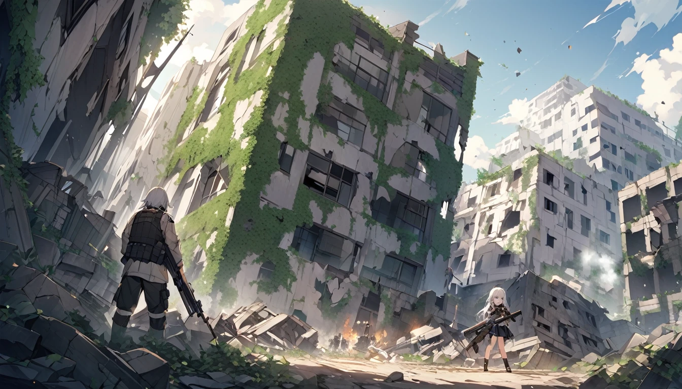 mysterious。White Hair Girl。詳細なbackground：Ruined City:

background：Ruined City、Collapsed building and ivy-covered ruins。
White Hair Girl：Combat uniform and bulletproof vest、He has a large firearm in his hand。
effect：火器から放たれる火のeffect、backgroundに広がる炎と煙。