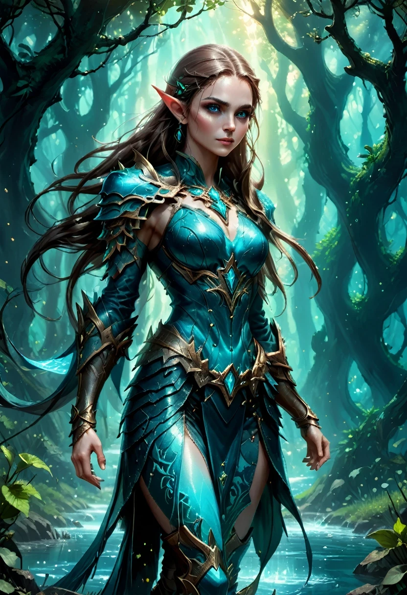 High details, best qualityer, 16K, [ultra detaild], work of art, best qualityer, (extremely detaild), drkfntasy, blacklight makeup dynamic angle, ultra wide photo, CRU, photorrealistic, Fantasyart, realist art, an elf druid  (details Intricate, work of art, best qualityer: 1.5) in a jungle, a female elf wearing leather clothes  details Intricate, work of art, best qualityer: 1.4), leather boots, thick hair, long hair, chestnut hair, intense azure eyes, small pointed ears, vibrant forest (intense details) shiny particle, lots of plant life, glowing vineyards coming from trees shiny particle,  many jungle trees (1.3 details Intricate, work of art, best qualityer), vineyards, a flowing river, light reflected in water, lighting sun, dynamic light. dynamic angle, (details Intricate, work of art, best qualityer: 1.5) , 2.5 Rendering, High details, best qualityer, high resolution, Ultra Wide Angle