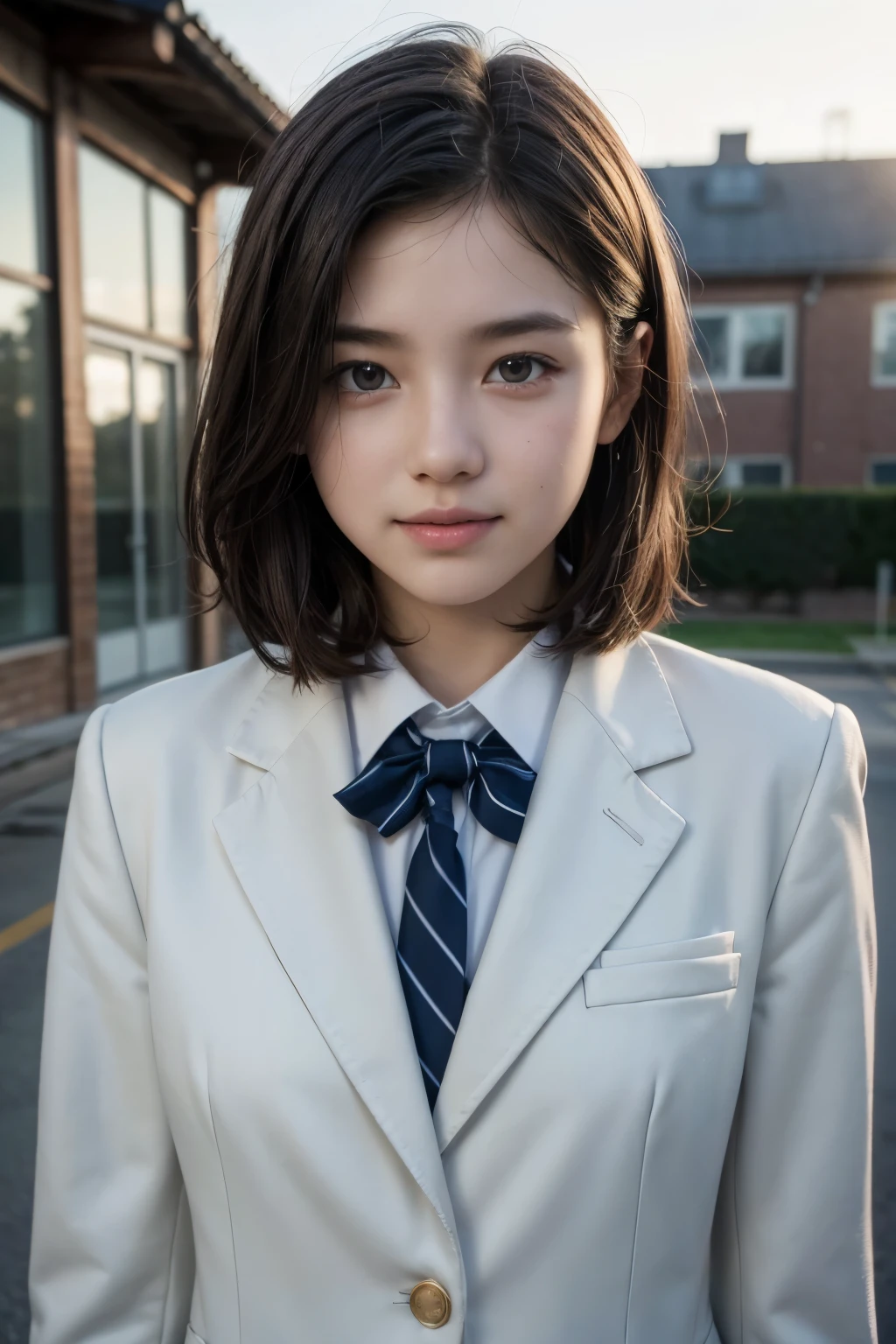 (Highest quality,8K quality,masterpiece:1.3),(Ultra-high resolution,Photorealistic:1.4,RAW Photos),(Very detailed,Caustics,Detailed Background),(Ultra-Realistic Capture,Fine and beautiful skin,Perfect Anatomy),At dusk,Sunset sky,School building,Schoolyard,18-year-old,cute,single eyelid,Black short bob,School Blazer Uniform,looking at the camera,Laughter,Bust up shot,Natural soft light