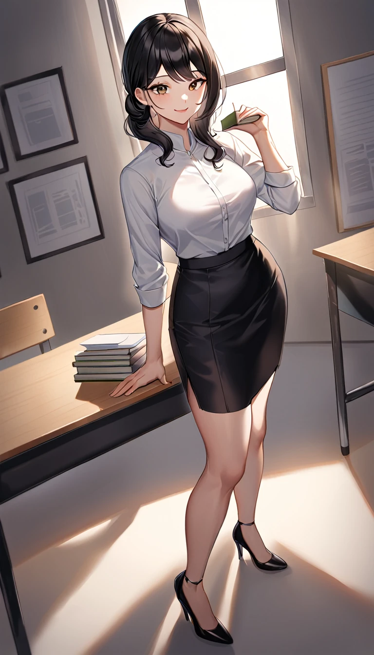 A beautiful Asian woman in her late 30s, with long black hair styled loosely. She is wearing a stylish office lady (OL) outfit consisting of a fitted white blouse, a knee-length black pencil skirt, and black high heels. She has a gentle yet confident expression. The lighting is soft and natural, creating a warm and inviting atmosphere, with light streaming in from a window, casting subtle shadows and highlights on her face and outfit. She is standing in a modern classroom, holding a stack of books in one hand, and smiling warmly. Her pose is relaxed and poised, exuding both professionalism and approachability
