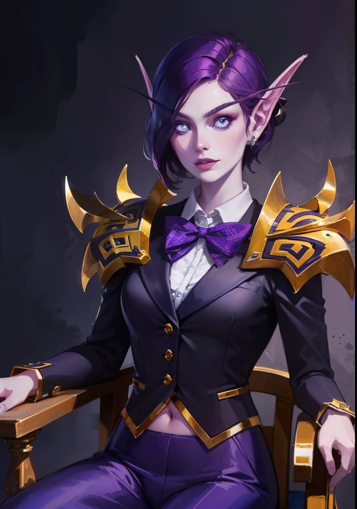 (8K, RAWphotograph, highest quality, masterpiece:1.2), High resolution, Super detailed, intricate details, disorganized, masterpiece, break , beautiful detailed woman, beautifully detailed mouth, highly detailed eyes and face, beautiful and fine eyes, (1girl, purple hair, short hair, spiral eyes, lustful eyes, smirk, tongue out) (digital) (looking at viewer) (body facing viewer) (sitting on chair), (Purple Forest background), (bow tie) (purple pants) (purple tuxedo)) , best quality, blue eyes, pointy ears, colored skin, blue skin, armor, Purple armor, gold trim, navel, voidelf
