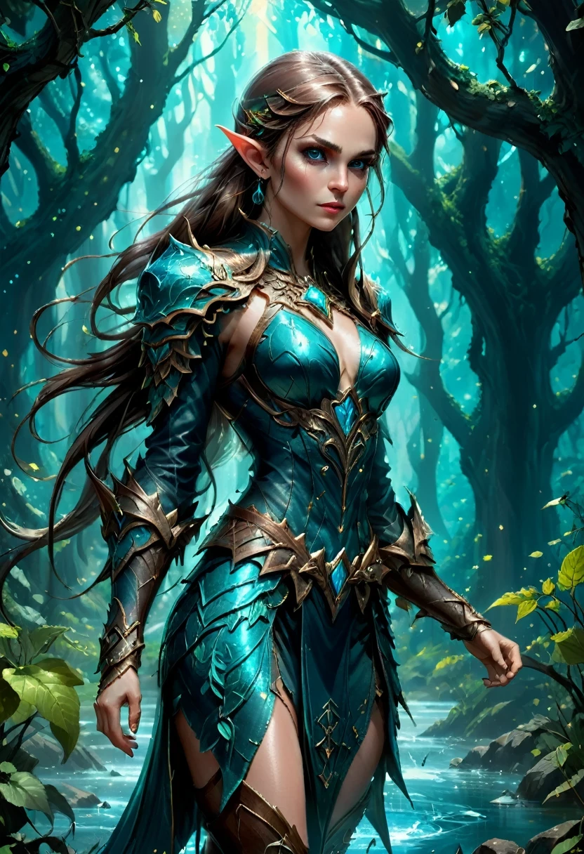 High details, best qualityer, 16K, [ultra detaild], work of art, best qualityer, (extremely detaild), drkfntasy, blacklight makeup dynamic angle, ultra wide photo, CRU, photorrealistic, Fantasyart, realist art, an elf druid  (details Intricate, work of art, best qualityer: 1.5) in a jungle, a female elf wearing leather clothes  details Intricate, work of art, best qualityer: 1.4), leather boots, thick hair, long hair, chestnut hair, intense azure eyes, small pointed ears, vibrant forest (intense details) shiny particle, lots of plant life, glowing vineyards coming from trees shiny particle,  many jungle trees (1.3 details Intricate, work of art, best qualityer), vineyards, a flowing river, light reflected in water, lighting sun, dynamic light. dynamic angle, (details Intricate, work of art, best qualityer: 1.5) , 2.5 Rendering, High details, best qualityer, high resolution, Ultra Wide Angle