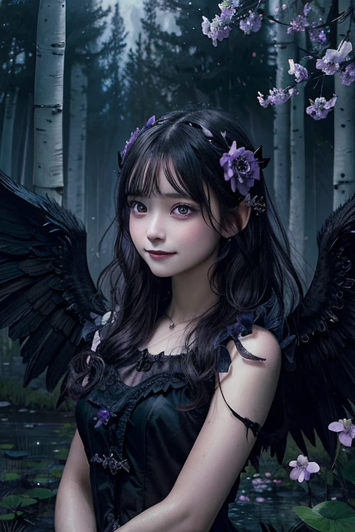 Fantasy-themed realistic illustration featuring a delicate, gothic, beautiful, adorable girl with a sad smile, black unruly windy hair with flowers, tattered black angel wings, wearing a purple and black dress, with a determined attitude, and a dragonette. Background: a dark forest, weeping willow, wet oil painting style