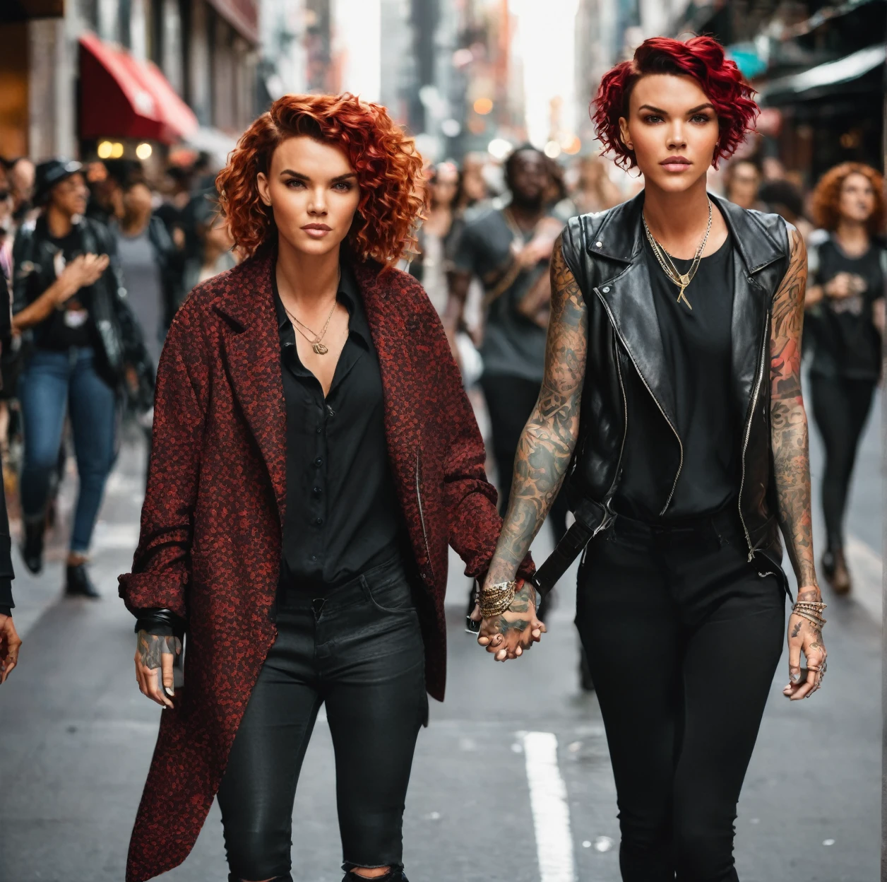 a beautiful woman , with curly red hair, Bullish, dark-skinned , next to actress Ruby Rose on the street , holding hands 