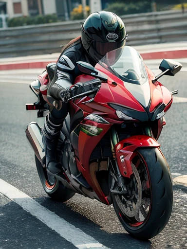 ((speed lines:1.3)), street, (KAWASAKI super sports motorcycle:1.1), (riding motorcycle), (red shorts), (white tank top), in the city, (low angle shot:1.1)