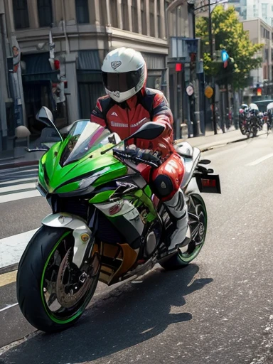 ((speed lines:1.3)), street, (KAWASAKI super sports motorcycle:1.1), (riding motorcycle), (red shorts), (white tank top), in the city, (low angle shot:1.1)