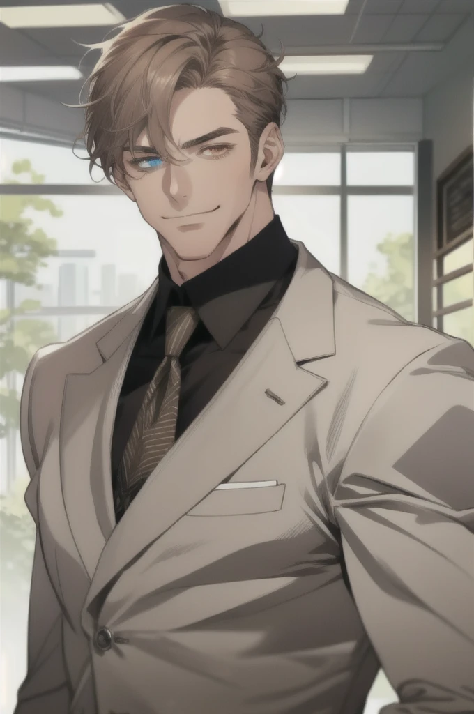 masterpiece, best quality, realistic, 1man, mature man, muscular tall, handsome, smile, closed mouth, portrait, extremely detailed face, (short hair), (gray brown hair), (heterochromia in eyes), CEO, Office home.