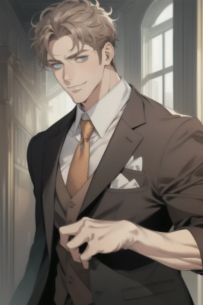 masterpiece, best quality, realistic, 1man, mature man, muscular tall, handsome, smile, closed mouth, portrait, extremely detailed face, (short hair), (gray brown hair), (heterochromia in eyes), CEO, Office home.
