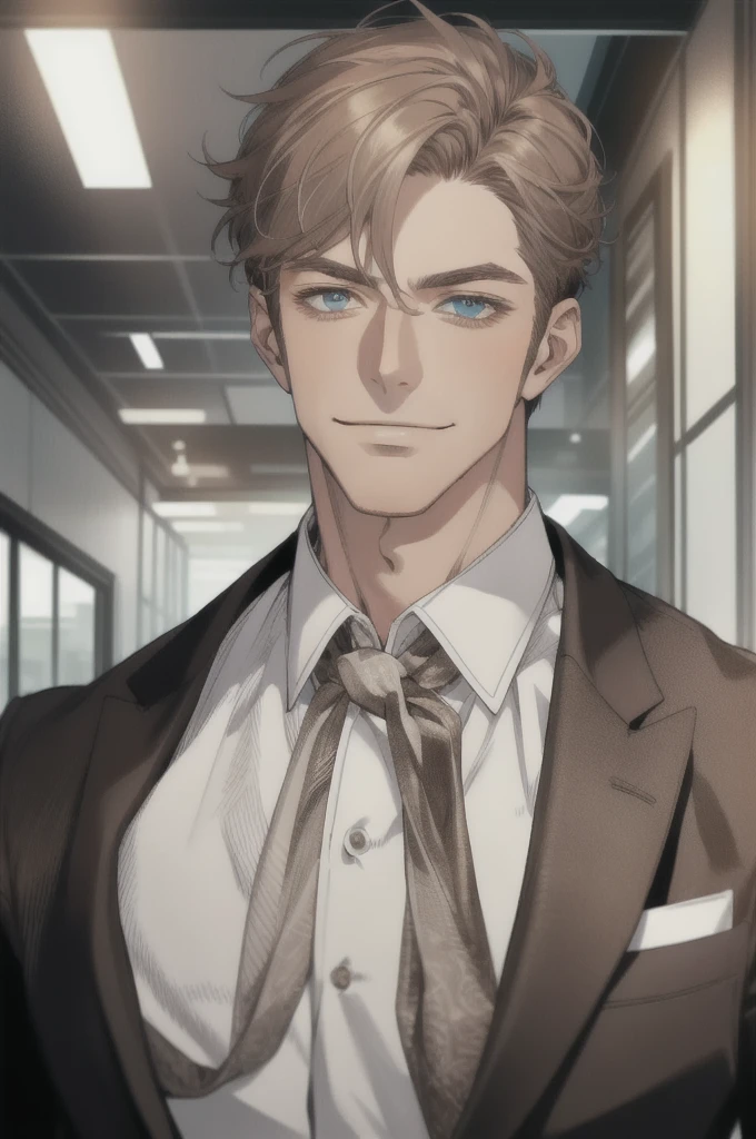 masterpiece, best quality, realistic, 1man, mature man, muscular tall, handsome, smile, closed mouth, portrait, extremely detailed face, (short hair), (gray brown hair), (heterochromia in eyes), CEO, Office home.