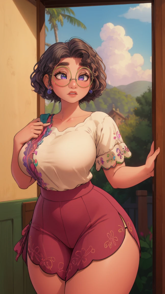 Madrigal de Mirabel, lunettes, sourire, ((secretary clothes)), home,, detailed skin, jambes parfaites, cuisses parfaites, (((Curvy Body))), gros seins,