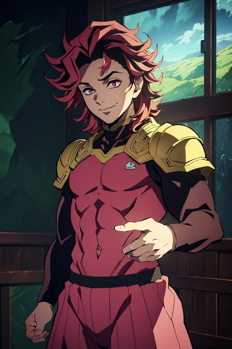 (best quality,4k,8k,highres,masterpiece:1.2),ultra-detailed,(realistic,photorealistic,photo-realistic:1.37),curly haired man,Douma,compression wear,colorful art,Demon Slayer boy,intricate details,dynamic pose,vibrant colors,cinematic lighting,moody atmosphere,dramatic shadows,fantasy inspired,digital painting,highly detailed, pink Dark Hair, smile, roupa escura