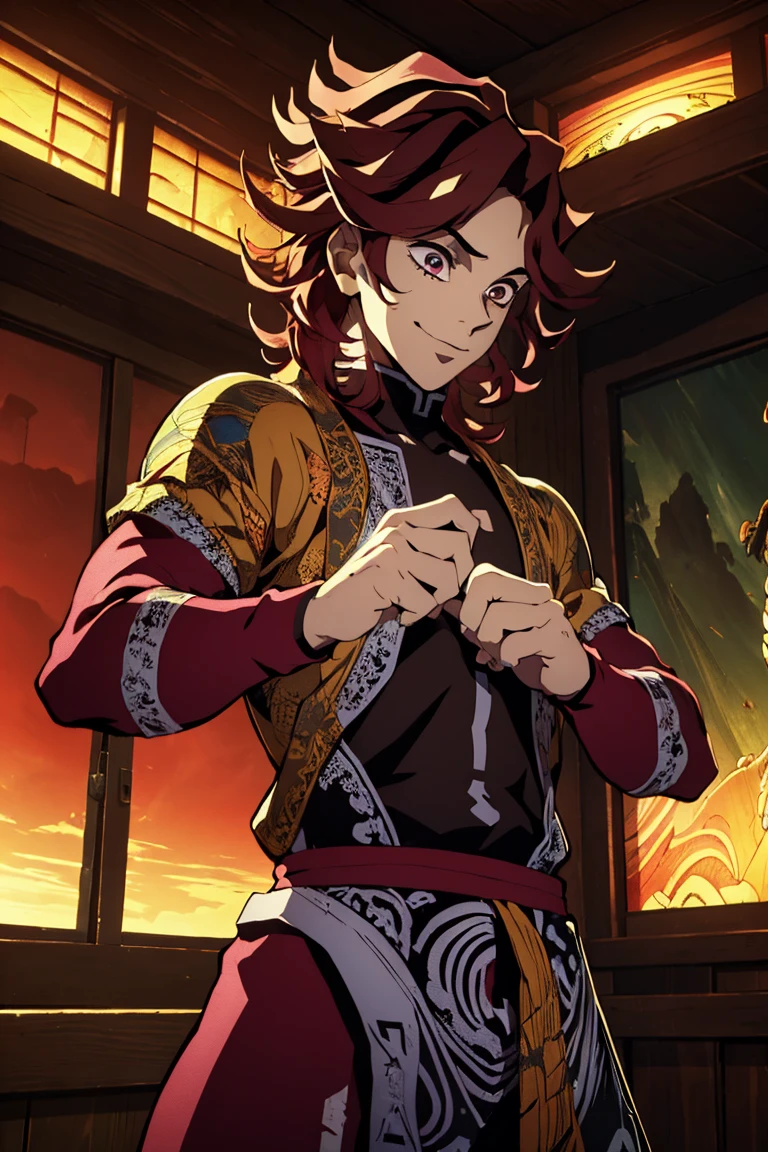 (best quality,4k,8k,highres,masterpiece:1.2),ultra-detailed,(realistic,photorealistic,photo-realistic:1.37),curly haired man,Douma,compression wear,colorful art,Demon Slayer boy,intricate details,dynamic pose,vibrant colors,cinematic lighting,moody atmosphere,dramatic shadows,fantasy inspired,digital painting,highly detailed, pink Dark Hair, smile, roupa escura 