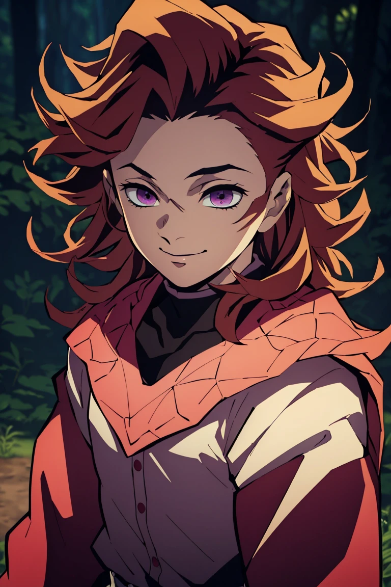 (best quality,4k,8k,highres,masterpiece:1.2),ultra-detailed,(realistic,photorealistic,photo-realistic:1.37),curly haired man,Douma,compression wear,colorful art,Demon Slayer boy,intricate details,dynamic pose,vibrant colors,cinematic lighting,moody atmosphere,dramatic shadows,fantasy inspired,digital painting,highly detailed, pink Dark Hair, smile, roupa escura