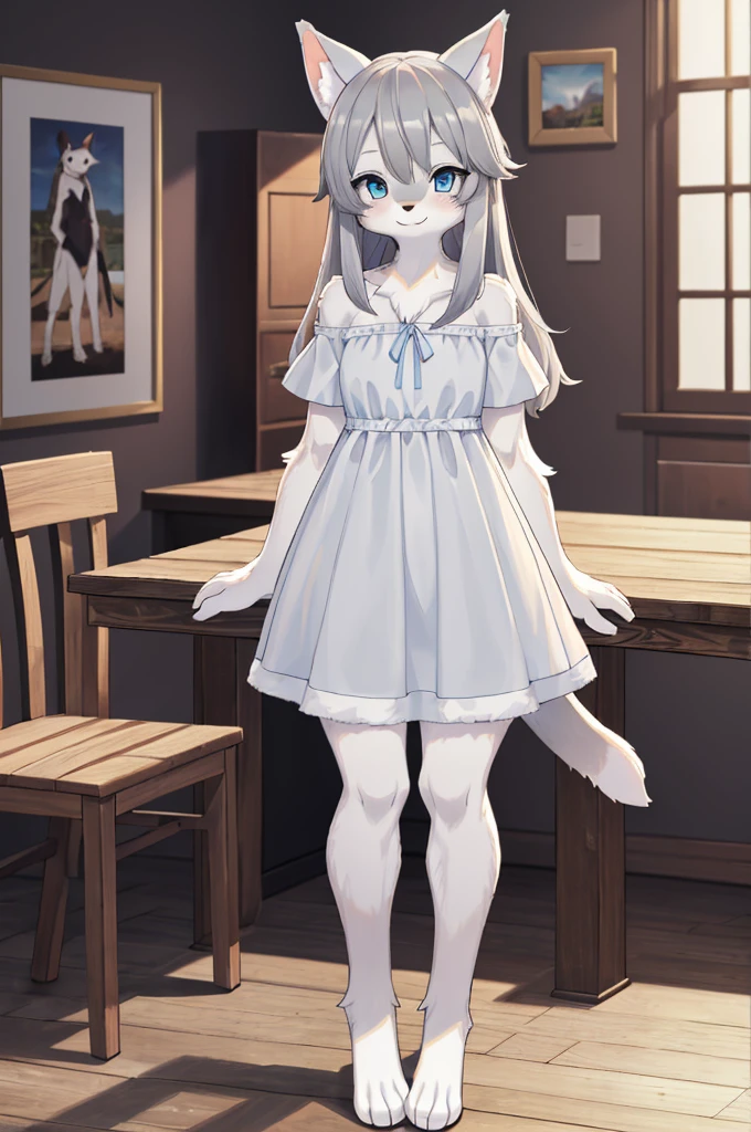 (hi res), ((masterpiece, best quality:1.0)), illustration, furry girl, animal ears, white body fur, tail, 1girl, solo, full body, long grey hair, blue eye, translucent white dress, looking at viewer, facing viewer, smile, blurry wood room background