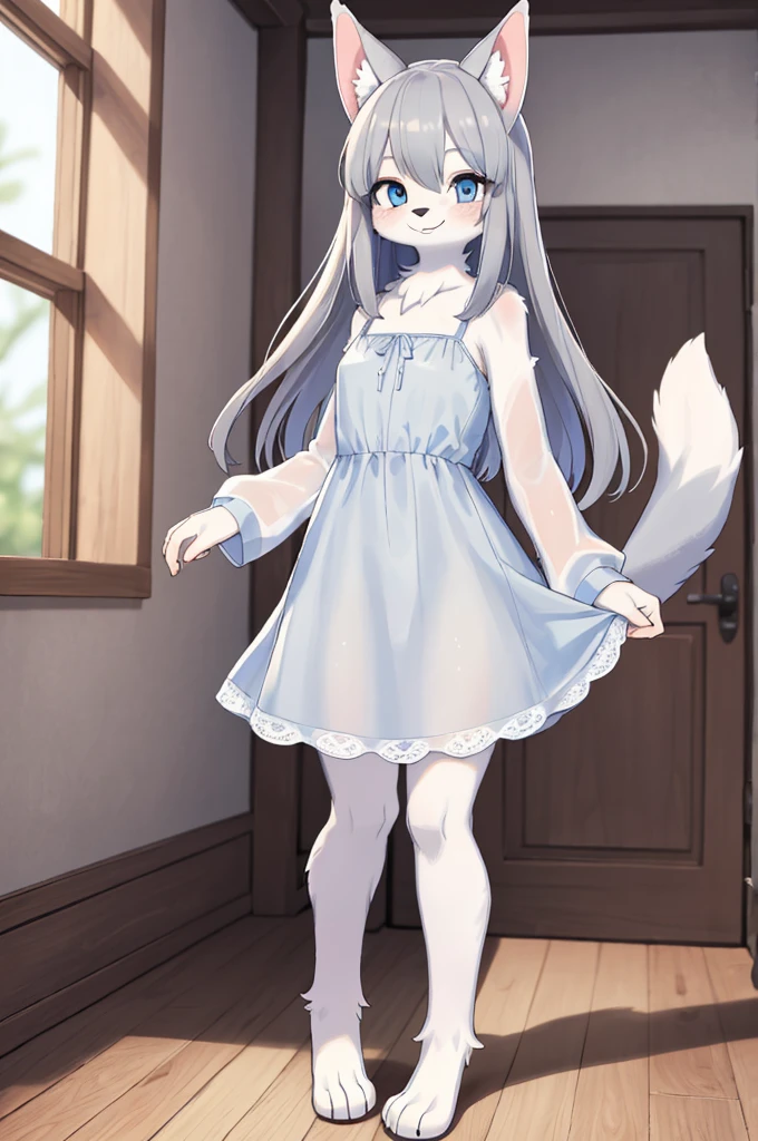 (hi res), ((masterpiece, best quality:1.0)), illustration, furry girl, animal ears, white body fur, tail, 1girl, solo, full body, long grey hair, blue eye, translucent white dress, looking at viewer, facing viewer, smile, blurry wood room background