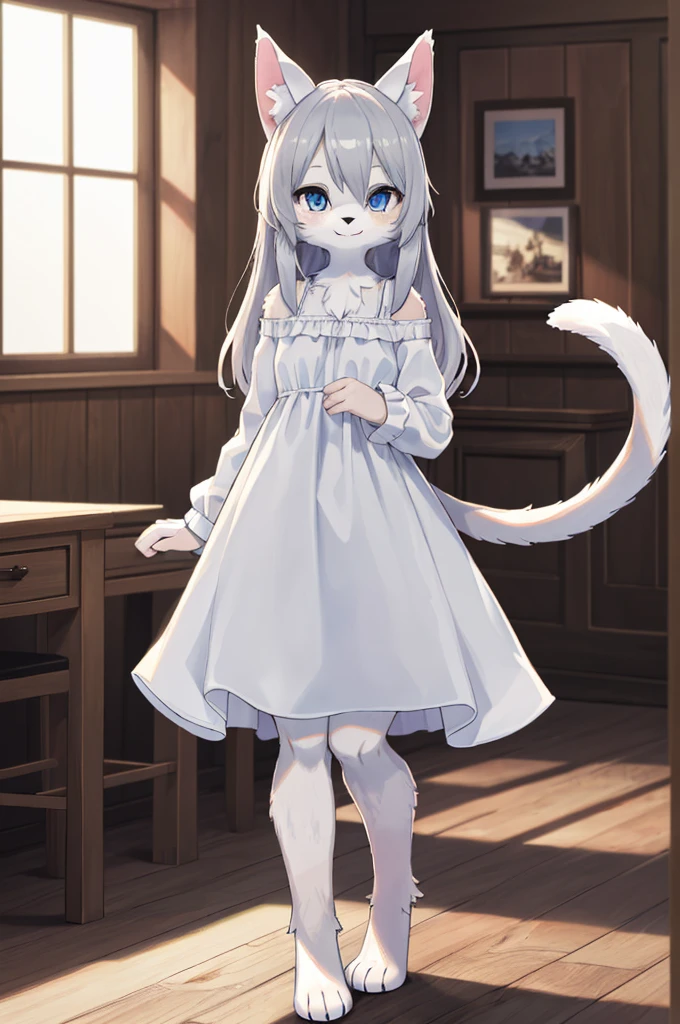 (hi res), ((masterpiece, best quality:1.0)), illustration, furry girl, animal ears, white body fur, tail, 1girl, solo, full body, long grey hair, blue eye, translucent white dress, looking at viewer, facing viewer, smile, blurry wood room background