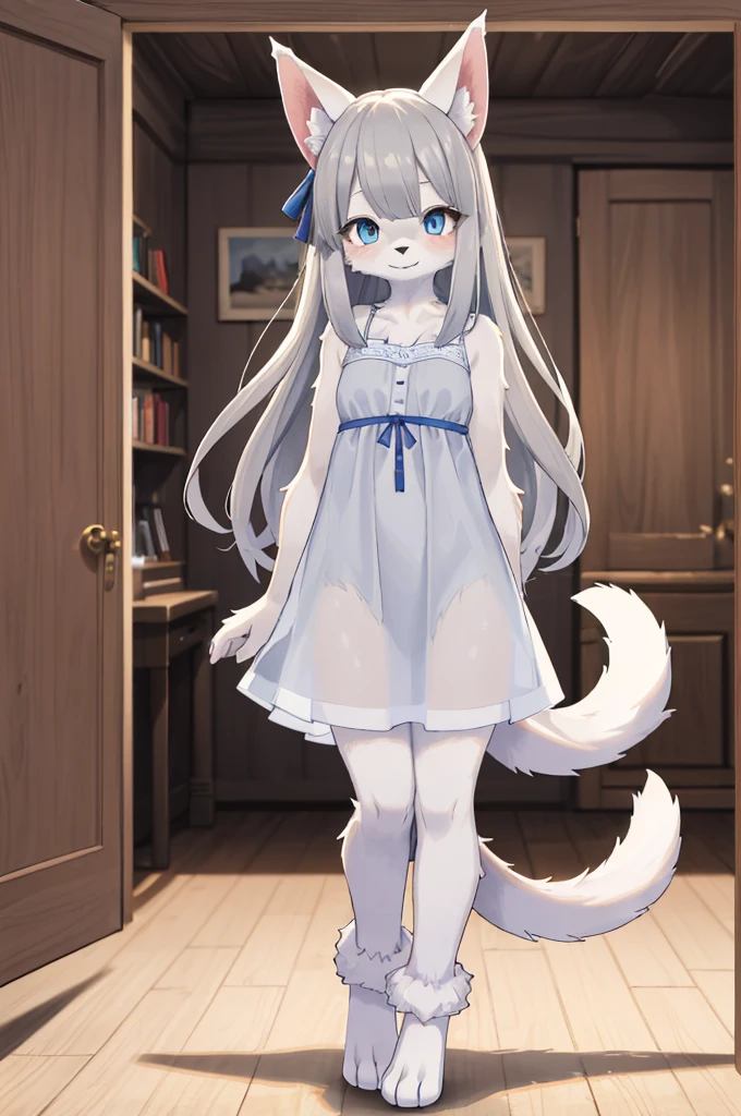 (hi res), ((masterpiece, best quality:1.0)), illustration, furry girl, animal ears, white body fur, tail, 1girl, solo, full body, long grey hair, blue eye, translucent white dress, looking at viewer, facing viewer, smile, blurry wood room background