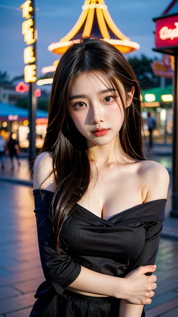 best quality, masterpiece, ultra high resolution, (reality: 1.4), original photo, one girl, 23 years old:1.2, Off-shoulder with vivid colors, Cinema Lighting、portrait、amusement park at night、big bust