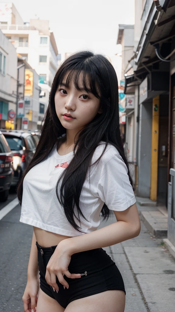 A young Korean girl with an evil and sexy face even though she is cute, with very long and black hair