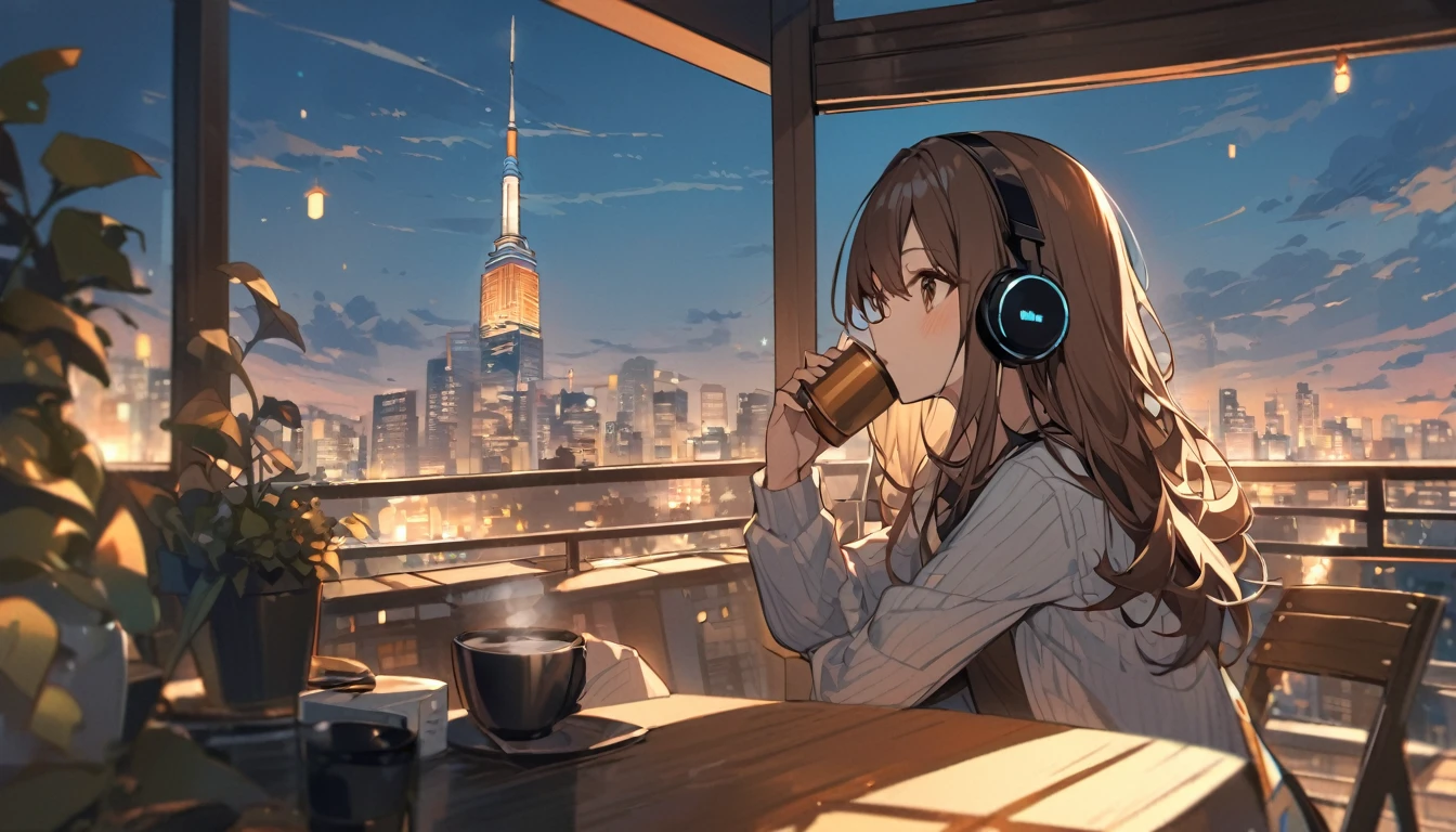 Girl wearing headphones。Brown Hair。1 person。bright。With the cityscape at dusk as a background、Girl wearing headphones drinking coffee on a cafe terrace。