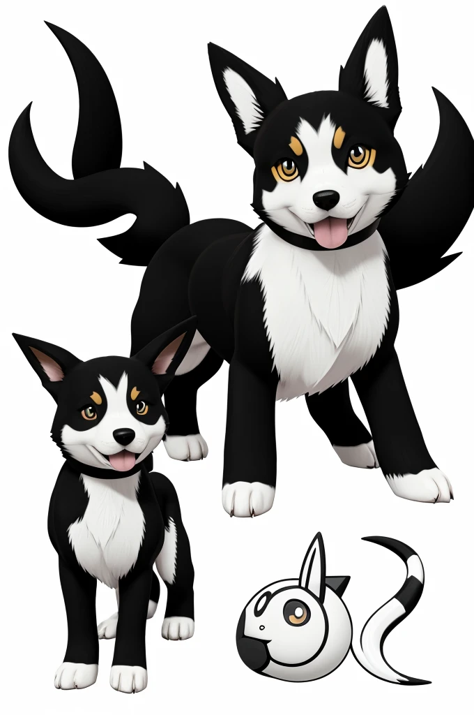 Generate an image of a black and white dog with Pokémon style. The dog must have characteristic features of a Pokémon, like big and expressive eyes, pointed ears and a distinctive tail. The image should capture the essence of the Pokémon aesthetic, with clean lines and simple but striking details.